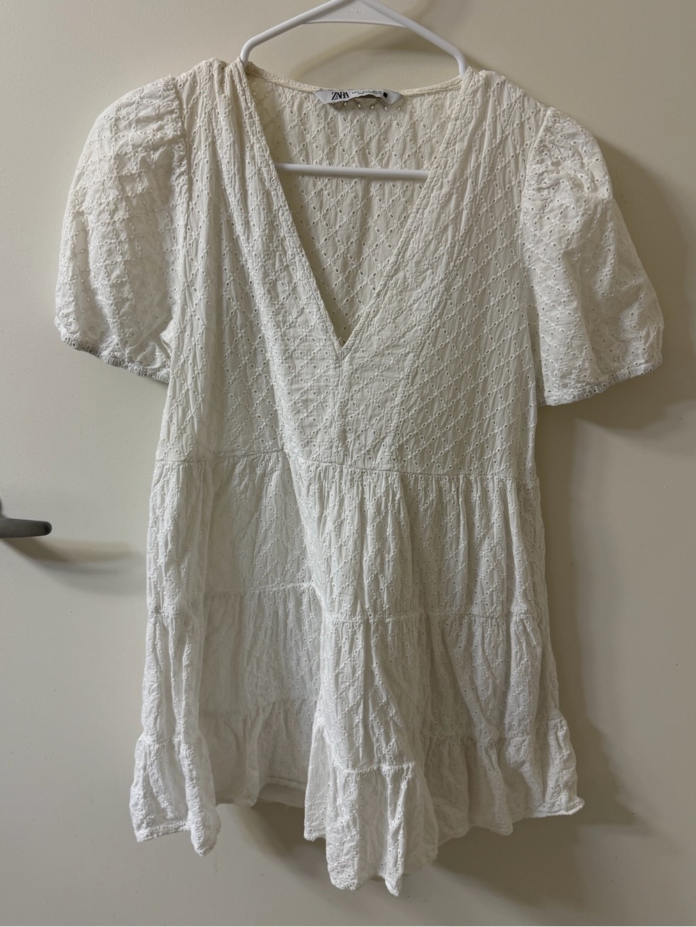 Zara White Eyelet Tiered Mini Dress
